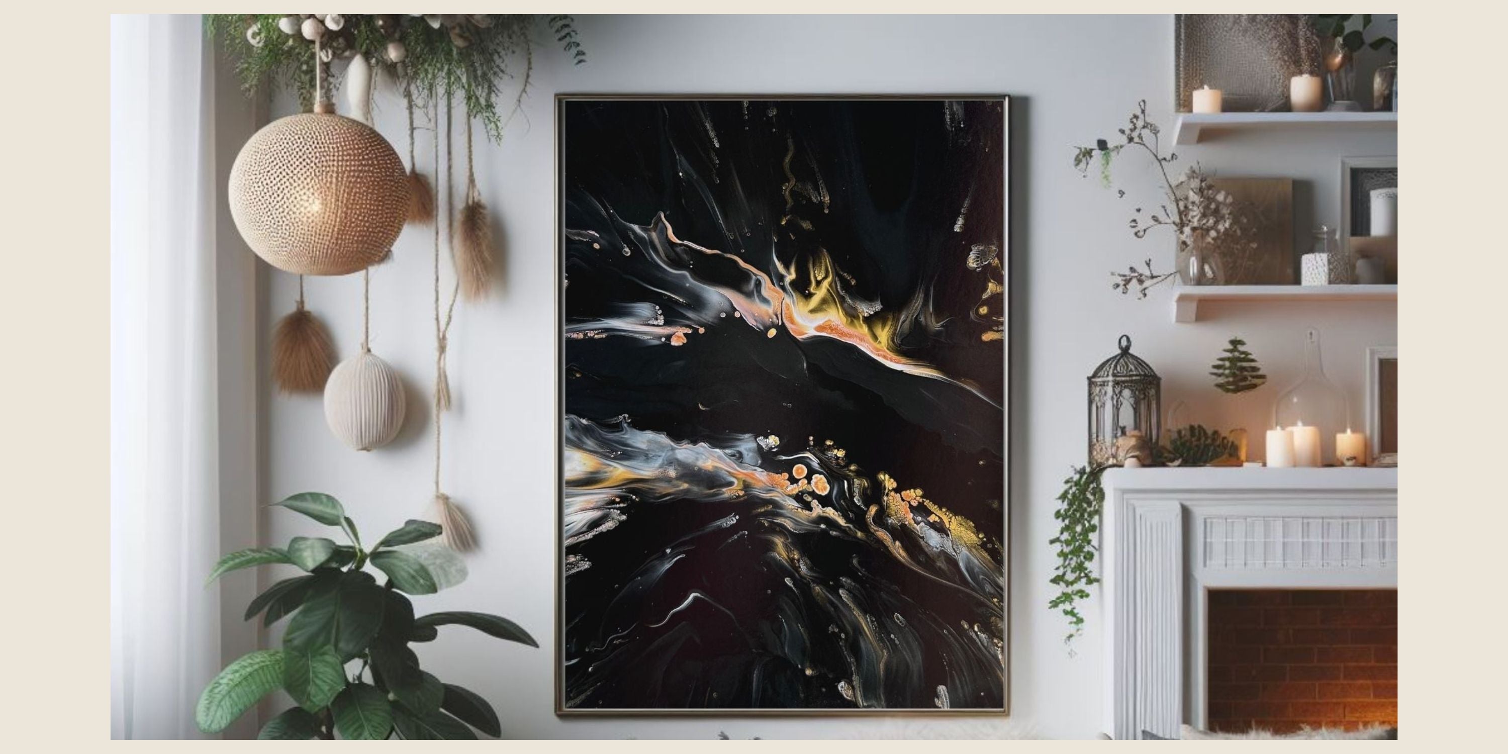 Fluid art piece on a wall with decorative elements and a fireplace in the background